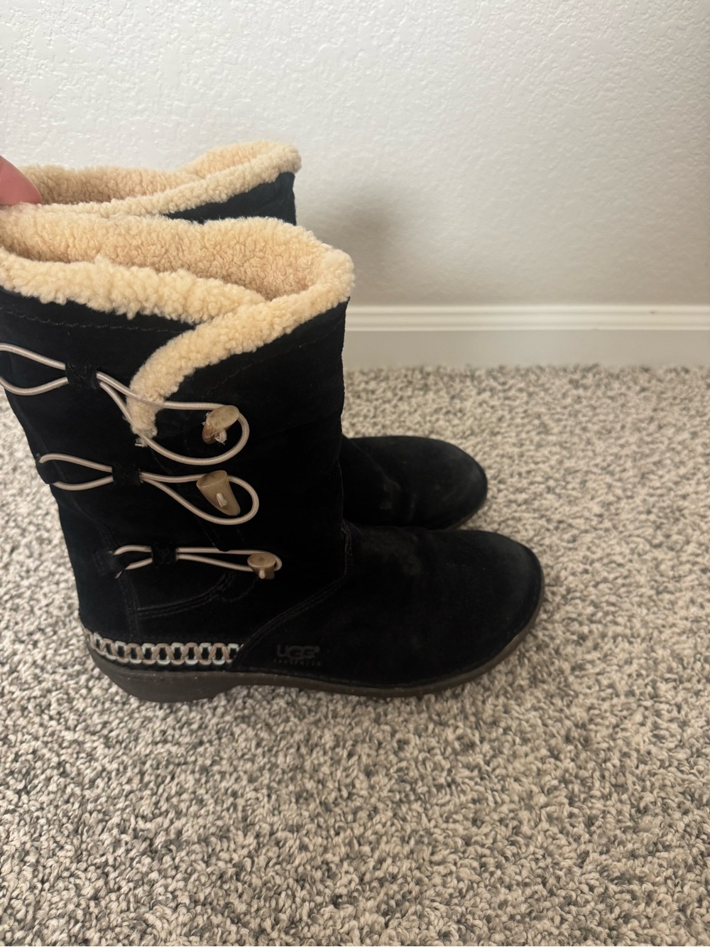 UGG Black Suede Mid-Calf Boots with Cream Shearling Trim